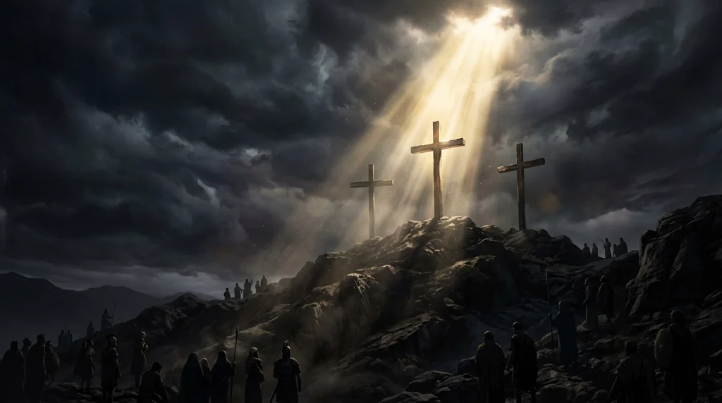 Luz divina sobre as três cruzes — a oração que nasce da cruz e volta para o Pai