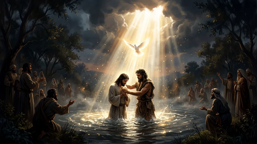 Jesus batizado no rio Jordão, com os céus abertos