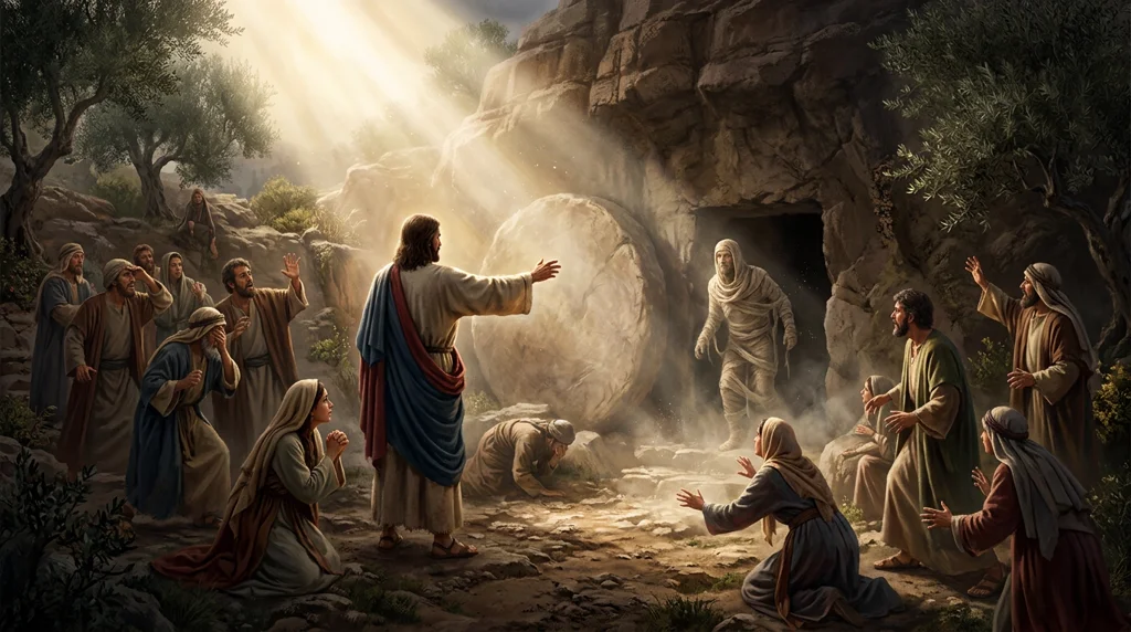 Jesus diante do túmulo de Lázaro, ordenando que ele saia