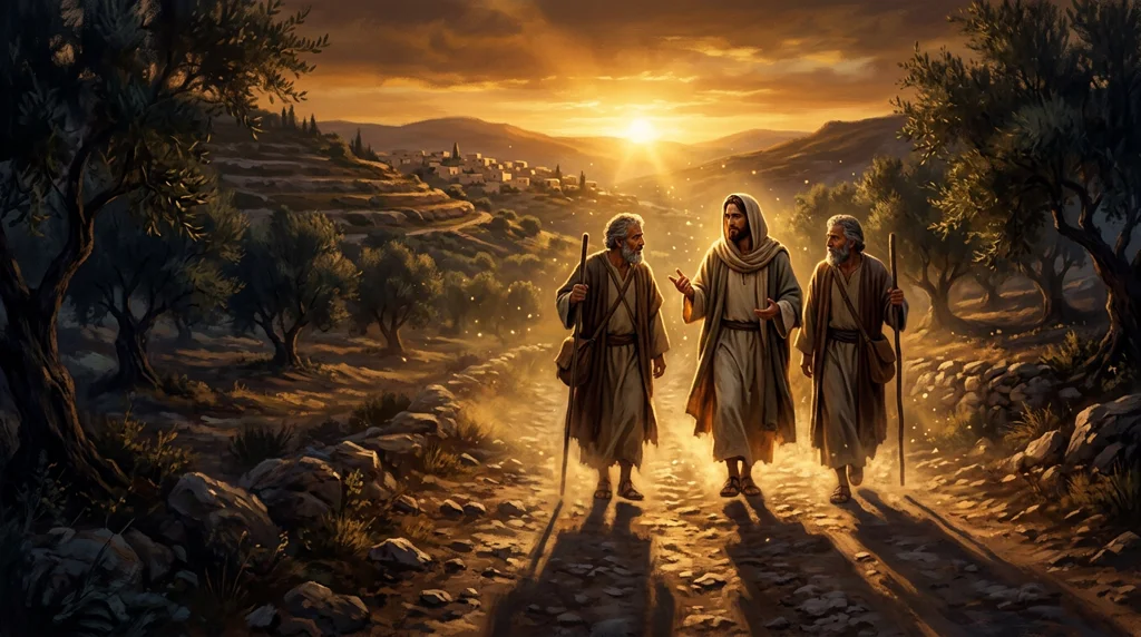 Jesus caminhando na estrada de Emaús ao entardecer