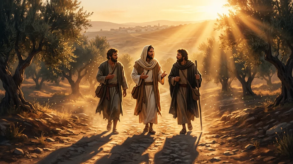 Jesus caminhando com os discípulos no caminho de Emaús — a jornada da fé começa com um passo