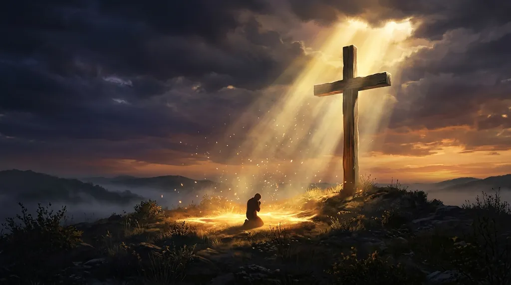 Pessoa ajoelhada diante da cruz de madeira — o perdão que liberta